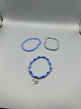 Blue Beaded Bracelet Set with Silver Heart Charm - Handmade #B0065T